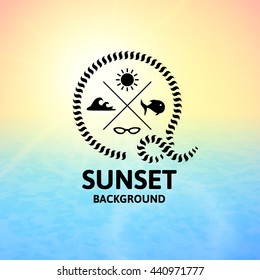 Yellow sunset with blue water sea surface, perspetive landscape in sunny fog, soft vibrant multicolored vector background illustration