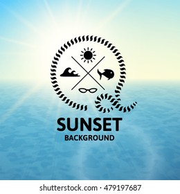 Yellow sunset with blue water sea surface, perspetive landscape in sunny fog, soft vibrant multicolored vector background illustration
