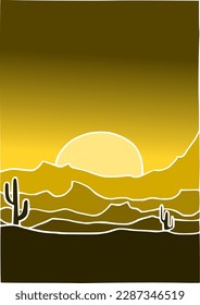Yellow sunset desert theme, yellow palette, cactus in sand