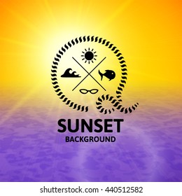 Yellow sunset with purple water sea surface, perspetive landscape in sunny fog, soft vibrant multicolored vector background illustration