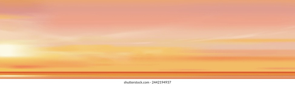 Fondo amarillo del cielo del atardecer, nube del amanecer Naranja, rosa en la mañana Verano, vector otoño soleado, campo del paisaje de la naturaleza en la noche. Luz del sol del invierno, ilustración de la historieta Horizonte primavera puesta del sol por la playa del mar