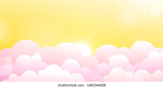 Yellow sunset or sunrise sky and rose clouds. Cartoon vector illustration background