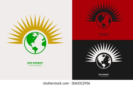yellow sunshine and globe element icon logo. black and white color options. suitable for green enterprise energy. flat design abstract concept vector.