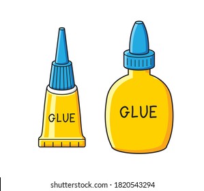 Yellow super glue tube and bottle isolated cartoon vector icons