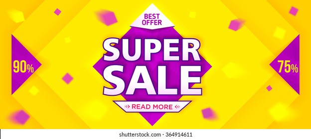 Yellow super sale and discounts banner. Vector illustration