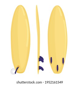 yellow surfboard front, back and side view. surfing as a hobby. active lifestyle, sports. summer fun. vector flat isolated on white background.