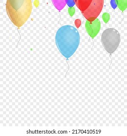 Yellow Surprise Background Transparent Vector. Confetti Reflection Background. Green Jubilee. Red Toy. Helium Wedding Border.