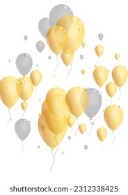 Yellow Surprise Background White Vector. Ballon Anniversary Set. Silver Holiday Confetti. Helium Fun Illustration.