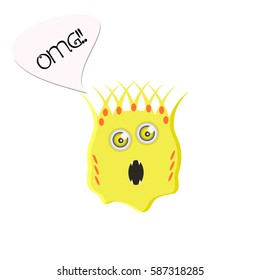 Yellow surprised monster with open mouth. Funny character in a cartoon style with OMG text. Vector illustration on a white background. Emoji isolated for your design needs