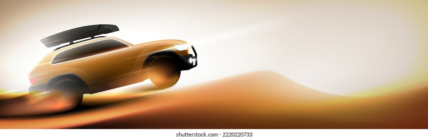 Ataque con camionetas amarillas y salta en el desierto sobre fondo de arena soleado y panorámico con caja de carga en el techo. Deporte extremo de coche, safari fuera de la competencia de la carretera banner horizontal ilustración vectorial.