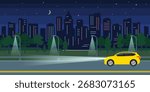 yellow suv car headlights beam night city road vector illustration