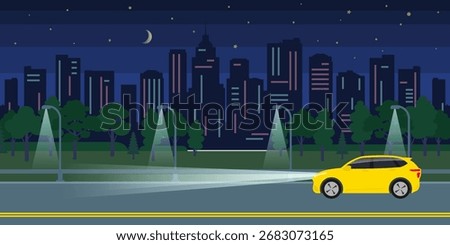 yellow suv car headlights beam night city road vector illustration