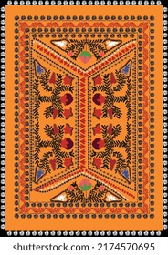 Yellow suzani carpet- traditional art in Uzbekistan. Handmade embroidery textile product. Using in home decor. Producing in Samarkand.