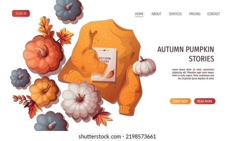Yellow sweater, book, colorful pumpkins and autumn leaves. Autumn, harvest, thanksgiving day, cozy home, warm clothes, fall concept. Vector illustration. Website banner template.