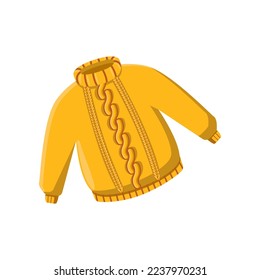 Yellow sweater from wool vector illustration. Crochet, handmade woolen sweater, jumper or pullover, turtleneck on white background. Winter or autumn, clothes, accessories concept