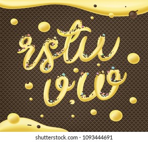 Yellow sweet letters. Ice cream decorative font. 3d vector illustration. 