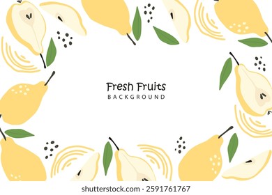 Yellow sweet pear fruit pattern frame. Ripe yellow pear isolated on white background. Sweet fruit with green leaf whole and half in cartoon flat simple style.