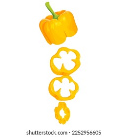 Yellow sweet pepper chopped, a juicy healthy vegetable with a tail. Illustration isolated on white background.