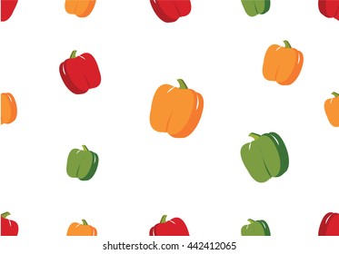 Yellow sweet pepper Red sweet pepper Green sweet pepper on white background seamless pattern. Kitchen Vector Illustration.