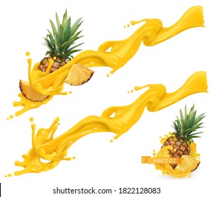 Gelber süßer Splash und Ananas. 3D-realistische Vektorgrafik