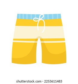 Pantalones cortos de natación amarillos para hombres ilustraciones vectoriales. Dibujo de dibujos animados de ropa de baño o calzoncillos machos aislados en fondo blanco. Verano, concepto de moda