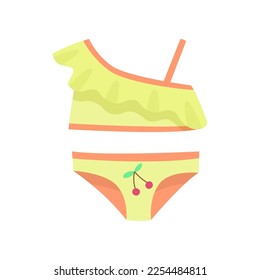 Yellow swimsuit with cherry for children vector illustration. Cartoon drawing of colorful swimming suit for babies or kids isolated on white background. Summer, fashion, childhood concept