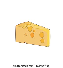 Yellow swiss slice of cheese. Cheddar cheese with holes. Vector graphic illustration