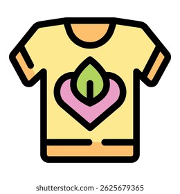 Camiseta amarela com coração rosa e folha verde simbolizando consciência ambiental e cuidado