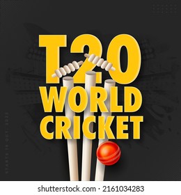 Yellow T20 World Cricket Font With 3D Silver Trophy Cup On Black Brush Effect Stadium Background.