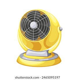 Ventilador de mesa amarillo con hélice negra, equipo de casa y oficina de dibujos animados. Moderno ventilador lindo para soplar y enfriamiento de aire de verano, mascota de ventilación interior, Ilustración vectorial de ventilador portátil de dibujos animados