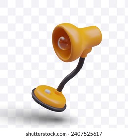 Yellow table lamp, side view. Isolated 3D image. Lighting device for home and office. Desk lamp with light bulb. Color illustration for modern web design