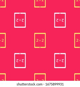 Yellow Tablet with calculator icon isolated seamless pattern on red background. Accounting symbol. Business calculations mathematics education.  Vector Illustration