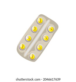 Yellow tablets in a blister isolated on the white background. Cartoon vector illustration.