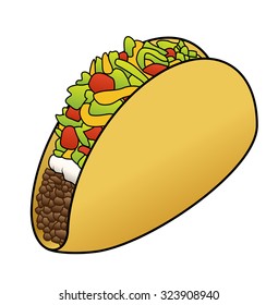 A yellow taco filled with lettuce, tomato, cheese, sour cream and ground beef.