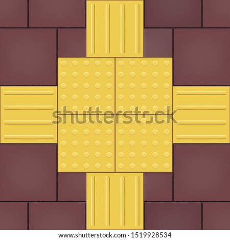 Yellow Tactile Paving Cross Tile on cobblestone. Footpath for the blind and visually impaired. Crossroads Metal Tile with circle dots. Vector Illustration