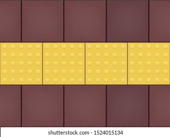 Yellow Tactile Paving Line Tile on cobblestone. Footpath for the blind and visually impaired. Metal Tile with tactile dots. Vector Illustration