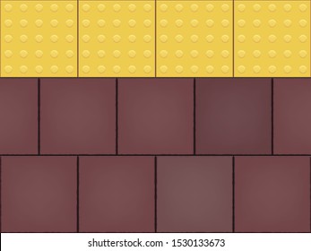 Yellow Tactile Paving Line Tile on cobblestone. Footpath for the blind and visually impaired. Metal Tile with tactile dots. Vector Illustration