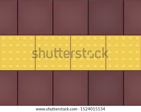 Yellow Tactile Paving Line Tile on cobblestone. Footpath for the blind and visually impaired. Metal Tile with tactile dots. Vector Illustration