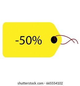 Yellow tag with a discount of fifty percent