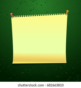 Yellow tag paper pinned on green blackboard. Copybook page. For back to school banner design. Vector illustration stock vector.