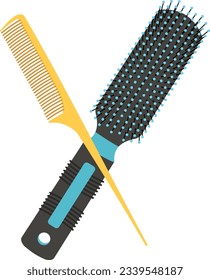 Un peine de cola amarilla y un cepillo azul-negro, de plástico, enrollado y cruzándose en una X.