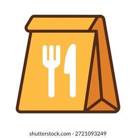 Una bolsa amarilla para llevar con un símbolo de tenedor y cuchillo, que representa la entrega de alimentos y el comedor.