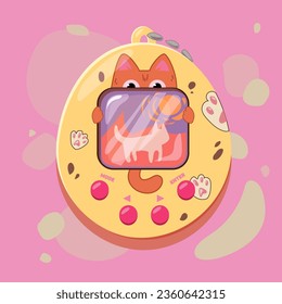 Yellow tamagochi game from 90s with cat image. Made in vector