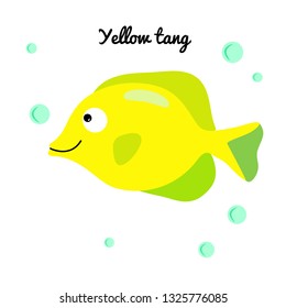 Yellow tang Cartoon aquarium fish with water bubbles. character smiling happily of sea animal Print for clothes, baby shower decoration. Marine stickers isolated on white background