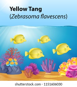 Yellow tang under deep ocean illustration