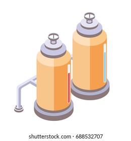 Yellow tanks for liquid with pipes, chemical or food industry. Vector illustration in isometric projection, isolated on white background.