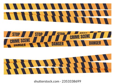 Yellow tape caution danger line cross police crime warning stripe isolated set. Vector flat graphic design illustration