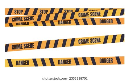 Yellow tape caution danger line cross police crime warning stripe isolated set. Vector flat graphic design illustration