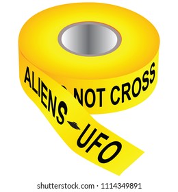 Yellow tape Do not cross - aliens ufo. Vector illustration.