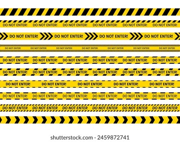 Yellow tape. Do not enter ribbons. Police warning barrier tapes for crime scenes. Set of caution bands criminal accident place. Seamless striped boundary lines on white background. Vector illustration